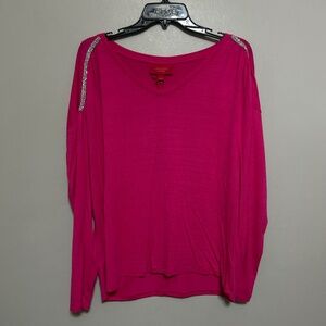 Jennifer Lopez Womens Blouse L Hot Pink Rhinestone Studded Sweater Christmas NWT